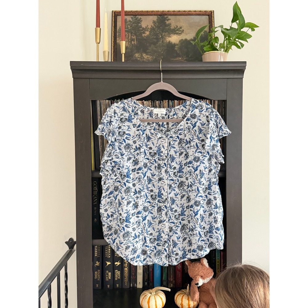 Boho Coastal Peasant Lucky Brand Floral Flutter Sleeve 1X White Cotton Blouse